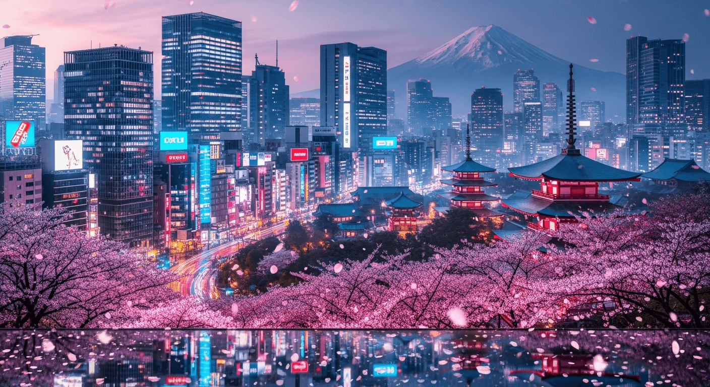 Tokyo night skyline with Mount Fuji