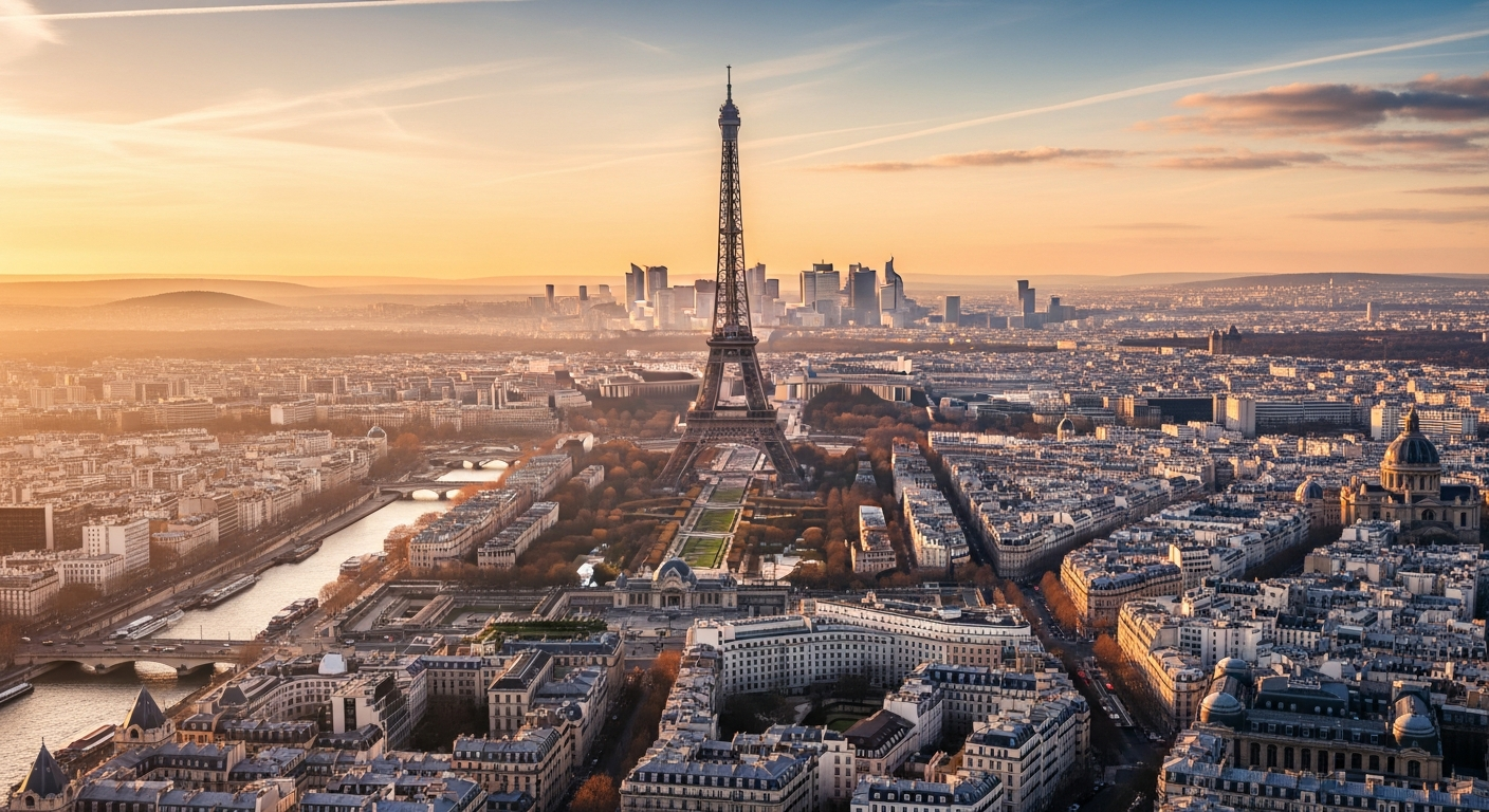 Paris aerial view during golden hour